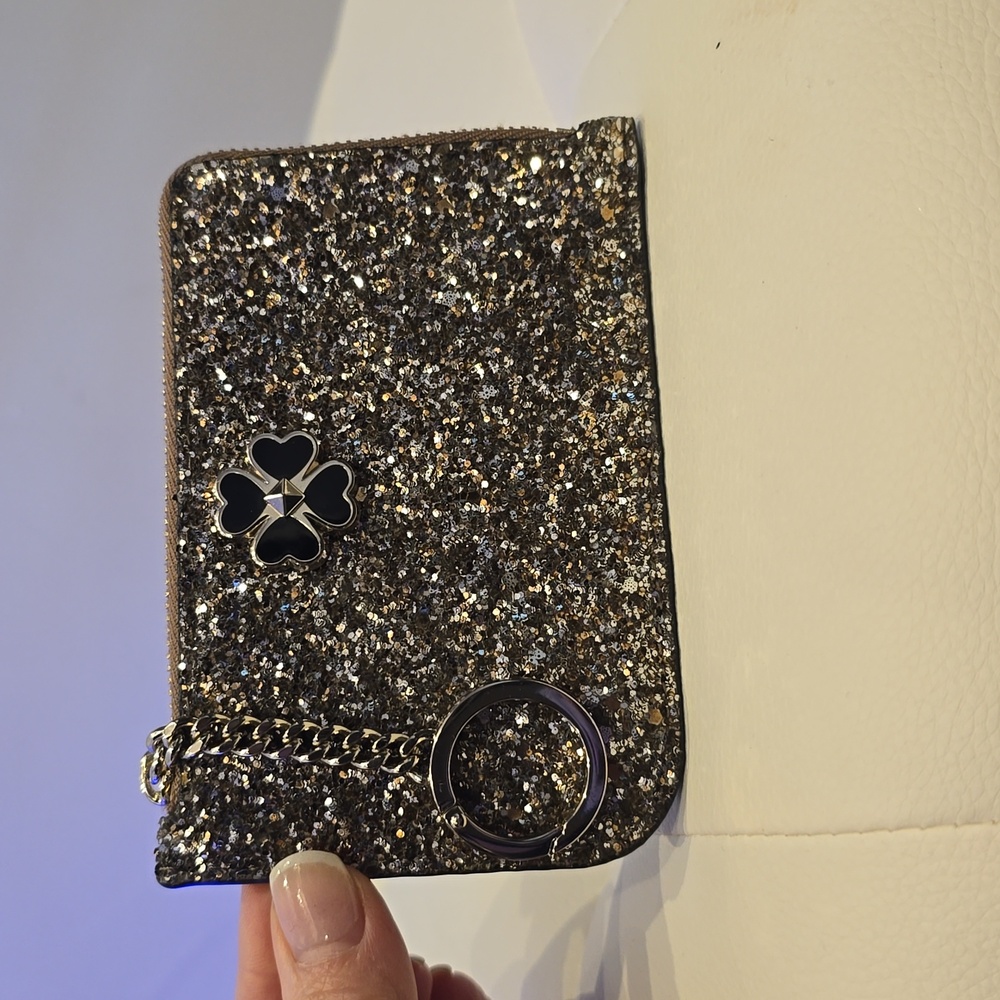 Kate spade black gold glitter zip credit card evening wallet case key ring